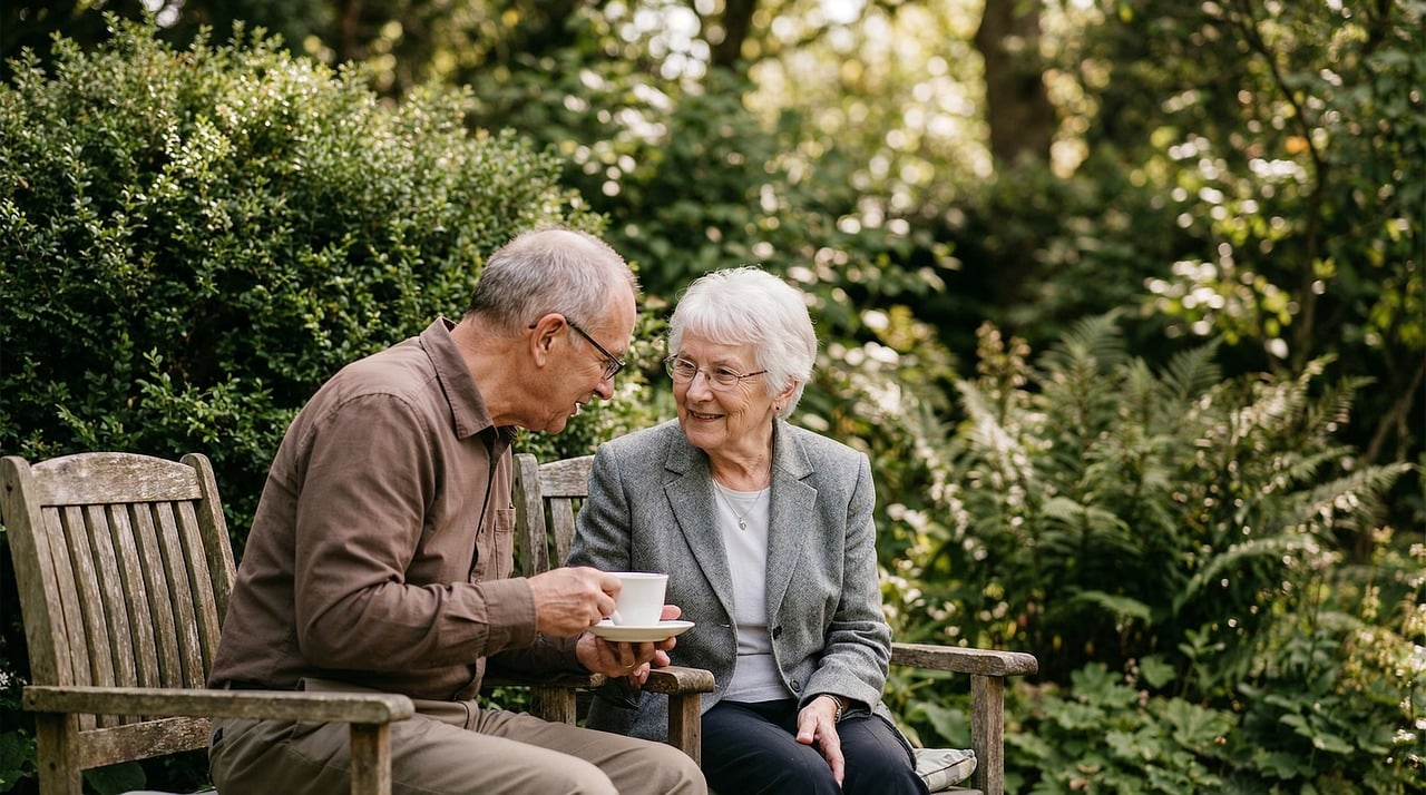 An older couple smiling together on a walk outdoors