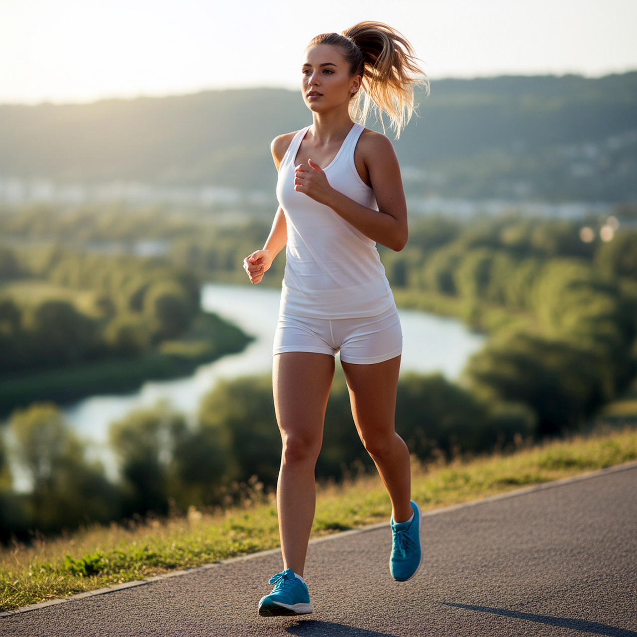 A young woman jogging on a sunny trail in a park